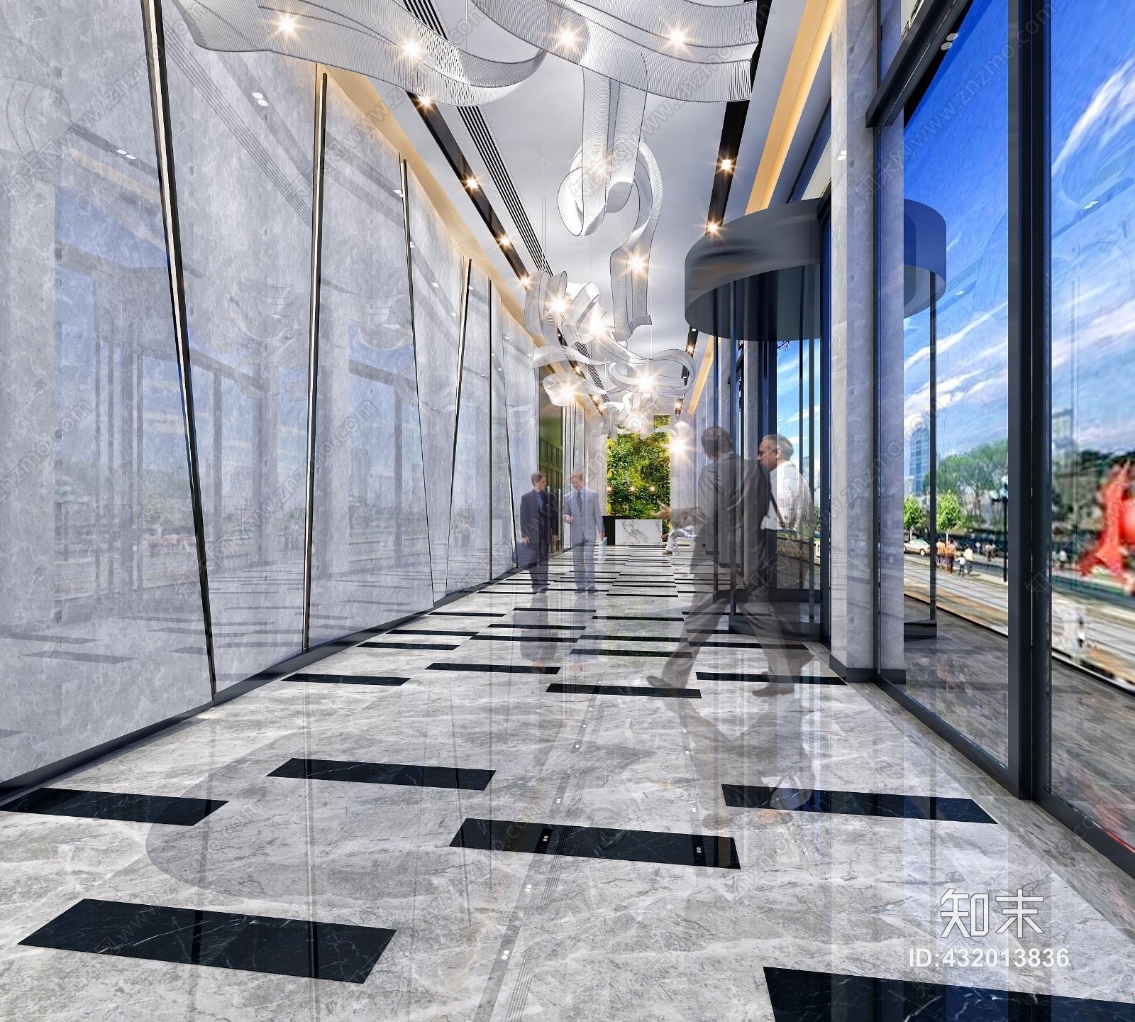 后现代酒店过道异性过道水晶灯前台3D模型下载【ID:432013836】