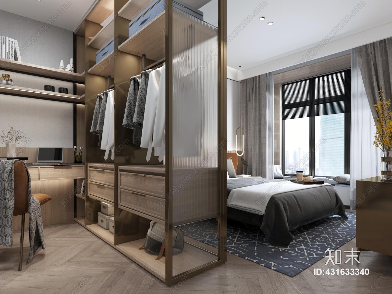 现代奢华简约主卧衣柜条纹玻璃3D模型下载【ID:431633340】