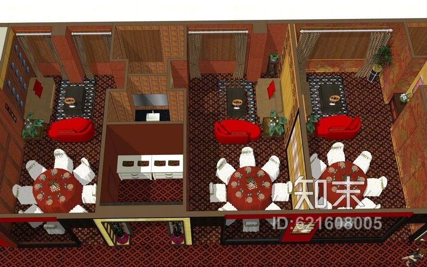 现代中式餐厅室内设计SU模型下载【ID:621608005】