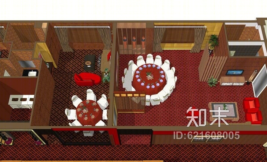 现代中式餐厅室内设计SU模型下载【ID:621608005】