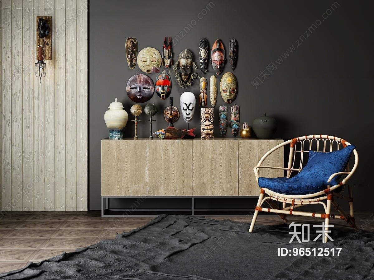 现代边柜休闲椅面具摆件组合3D模型下载【ID:96512517】
