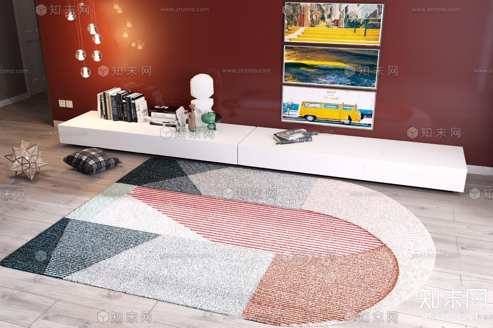 木几现代布艺地毯挂画电视柜组合3D模型下载【ID:440592043】