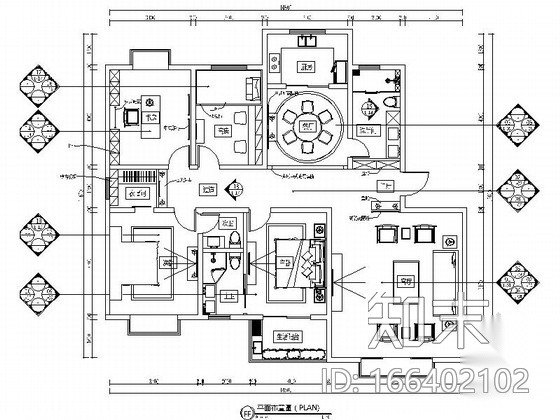 [山西]精品中式风情四室两厅样板间CAD装修施工图（含效...cad施工图下载【ID:166402102】