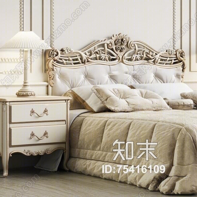 欧式双人床床头柜台灯组合3D模型下载【ID:75416109】