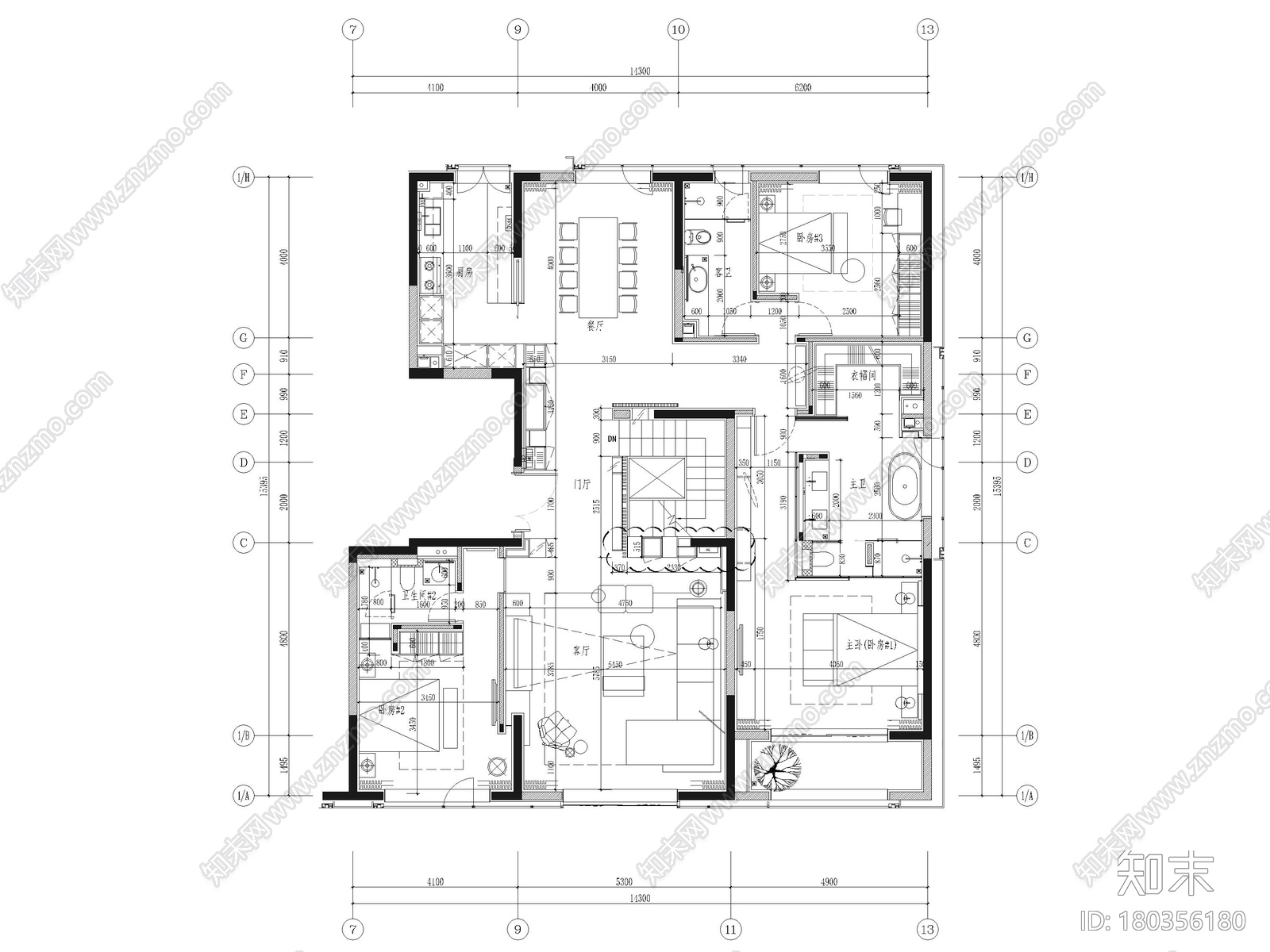 [郑州]220㎡三层四居别墅样板间装修施工图cad施工图下载【ID:180356180】