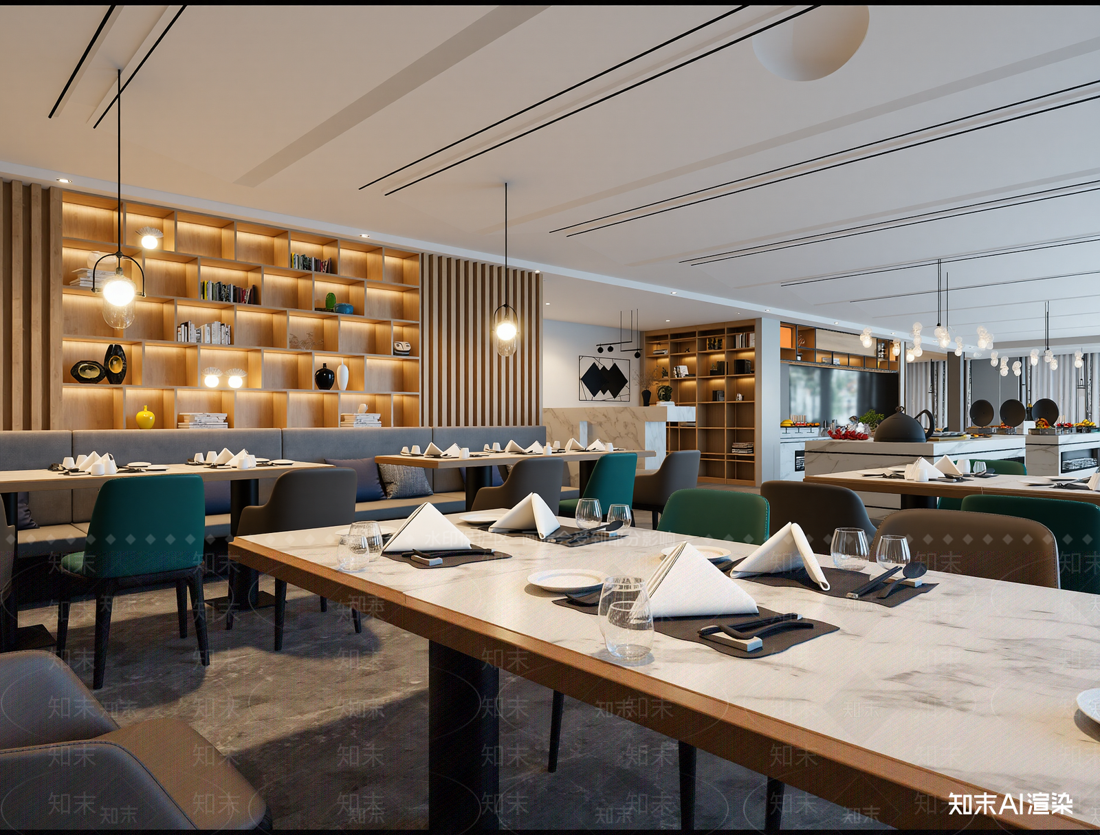 现代酒店餐厅3D模型渲染效果图