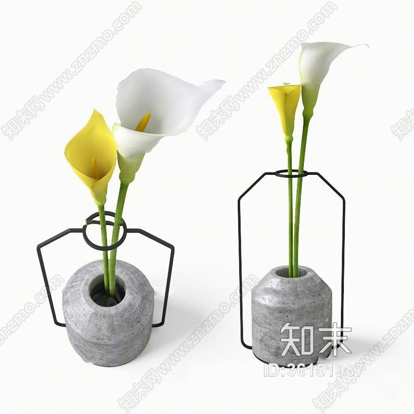 工业风石材花瓶马蹄莲插花3D模型下载【ID:36151987】