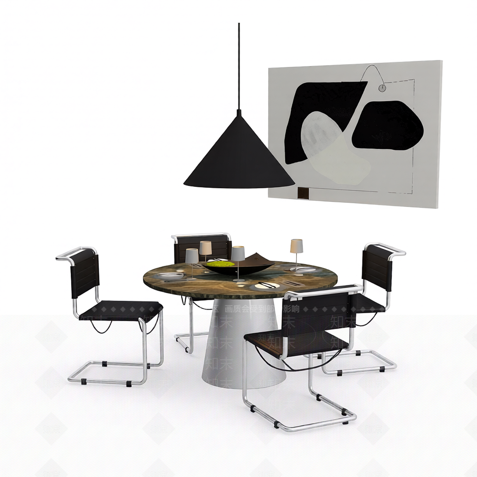 圆形餐桌及配套椅组3D模型下载【ID:1206193901】