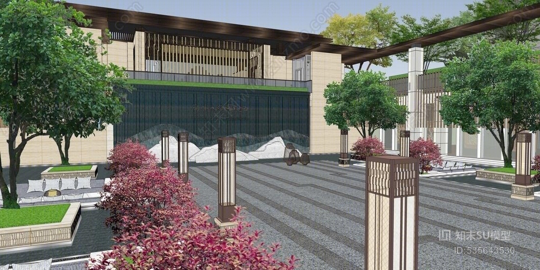 中式售楼部景观SU模型下载【ID:535643530】