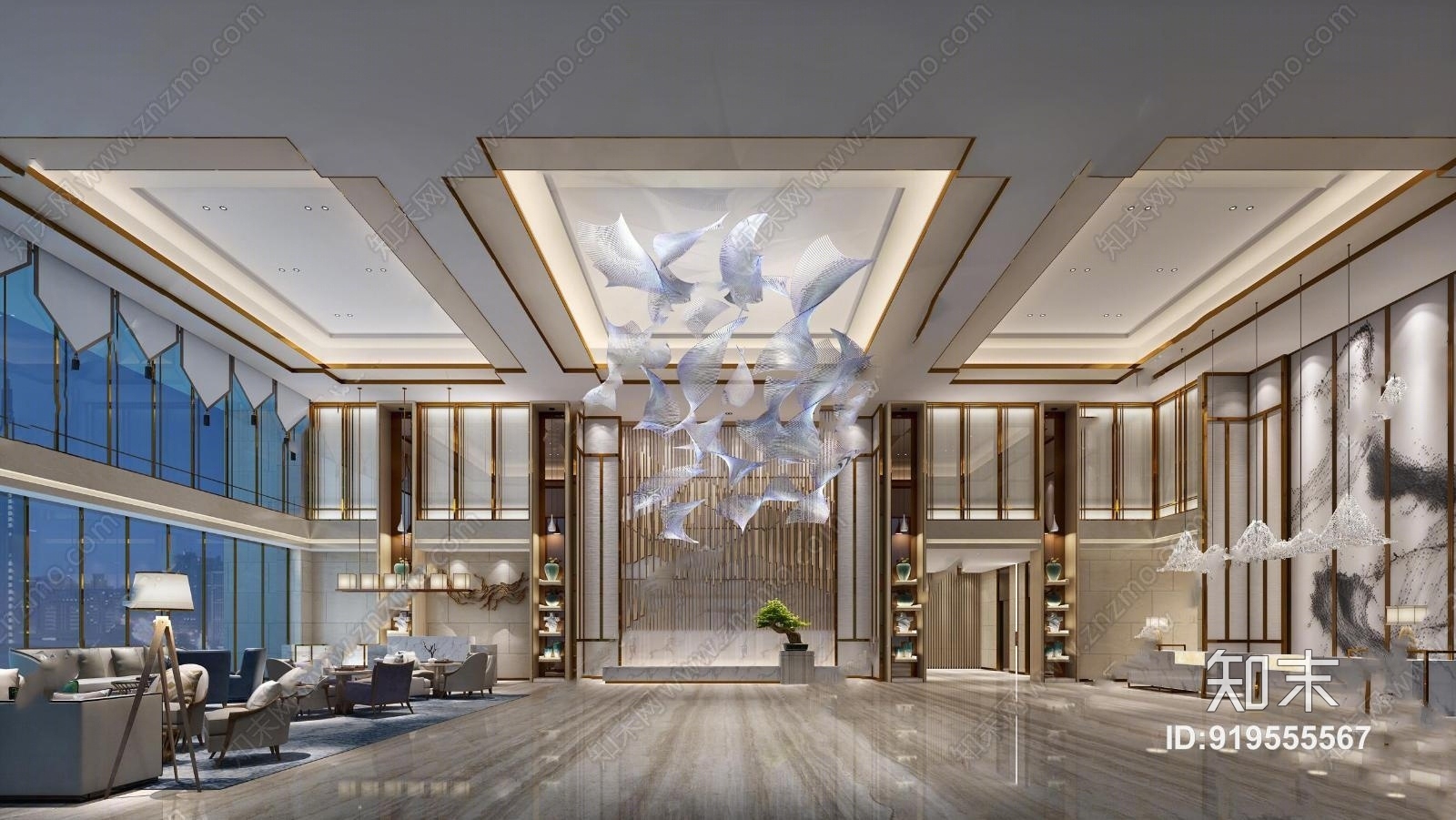新中式酒店大堂3D模型下载【ID:919555567】