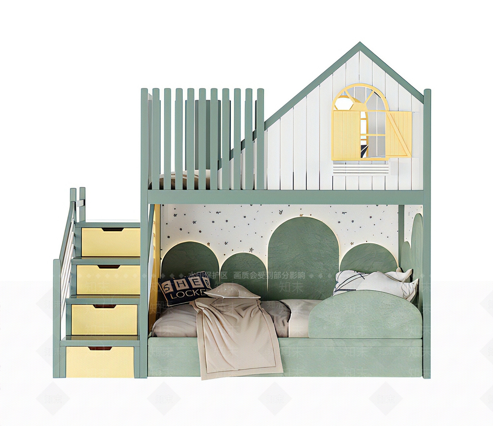 北欧绿色上下铺儿童床3D模型下载【ID:1117525597】