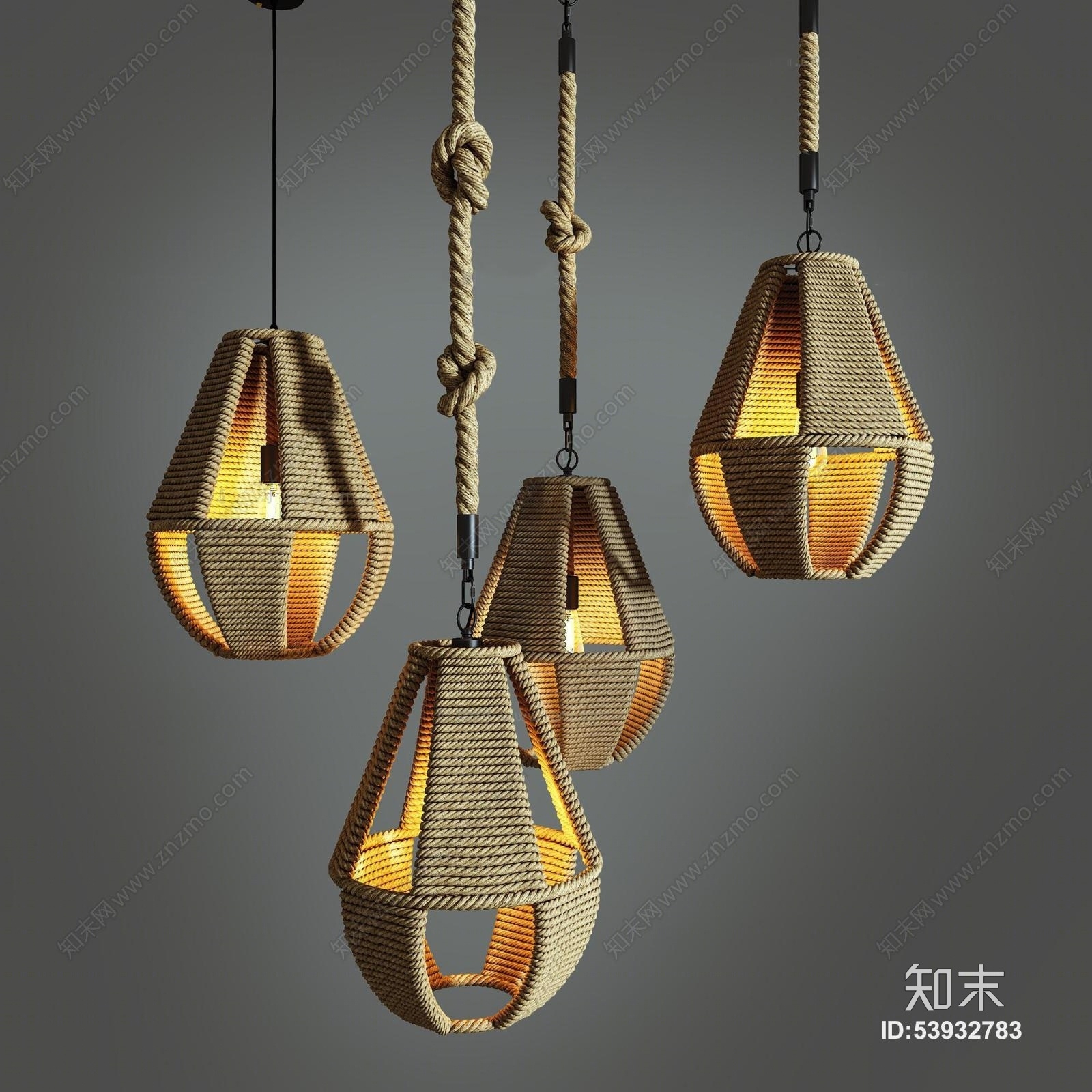 现代麻绳吊灯组合3D模型下载【ID:53932783】