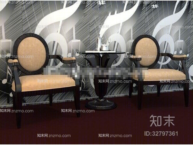 欧式新古典黑色木艺休闲桌椅组合3D模型下载【ID:32797361】
