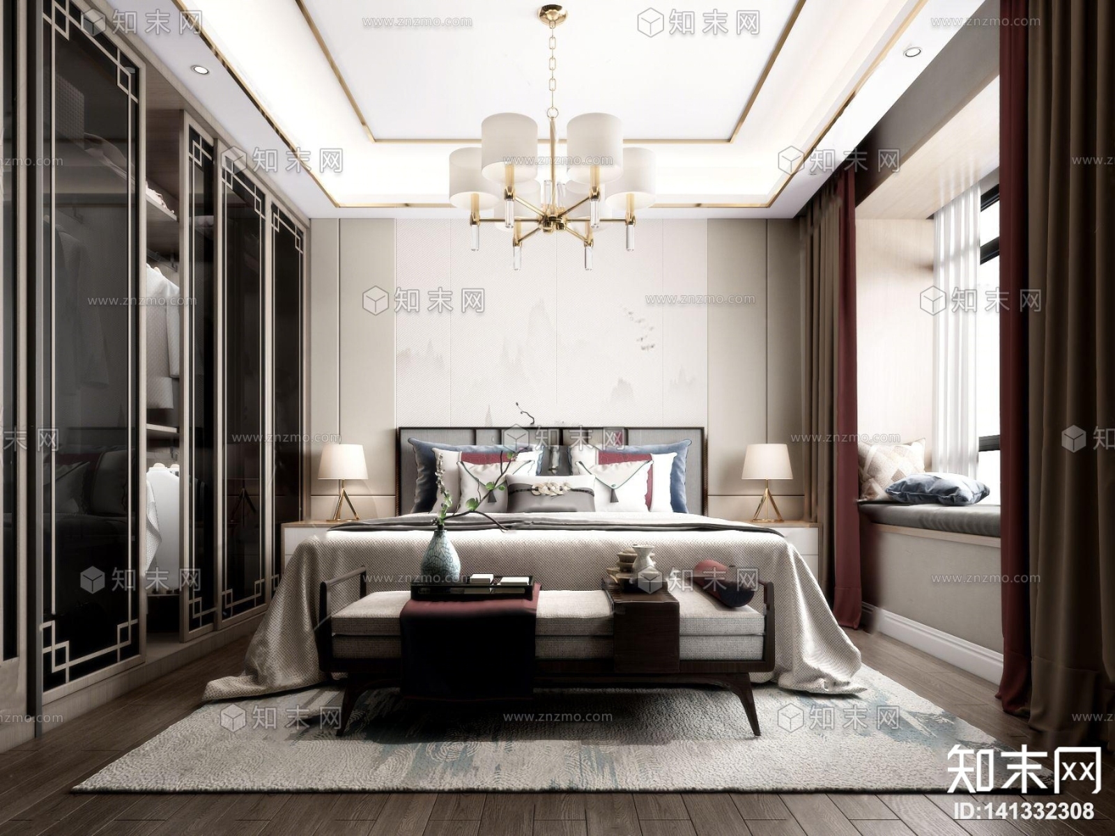 新中式卧室3D模型下载【ID:141332308】