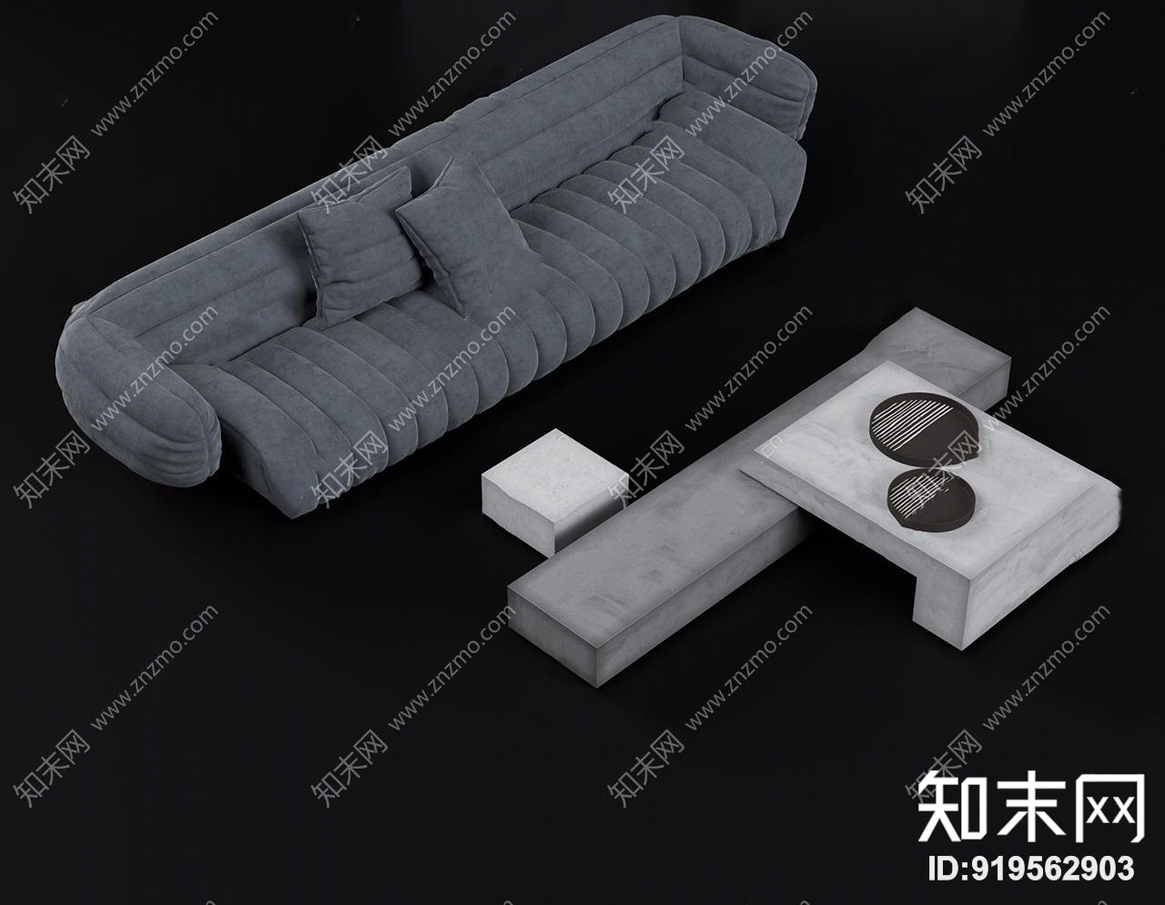 现代布艺多人沙发茶几组合3D模型下载【ID:919562903】