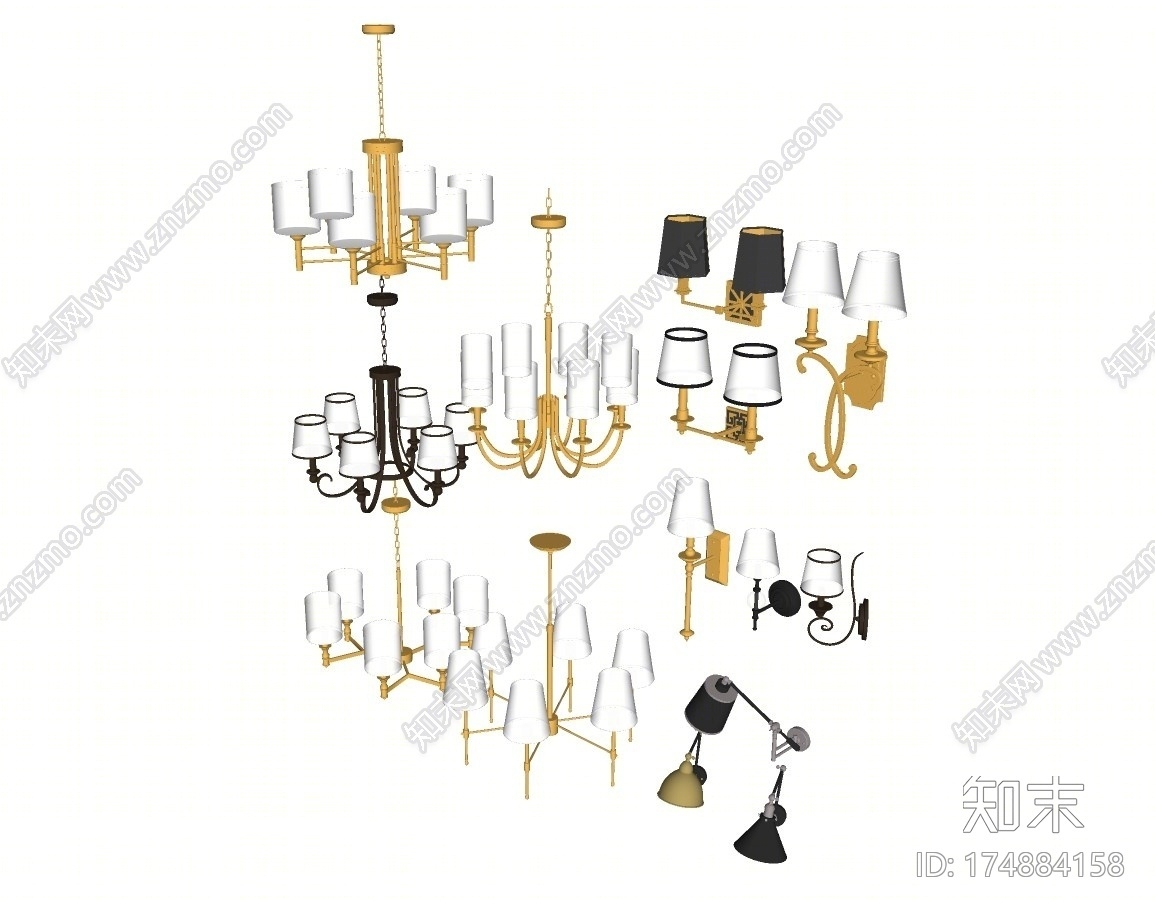 欧式金属多头吊灯壁灯组合SU模型下载【ID:174884158】