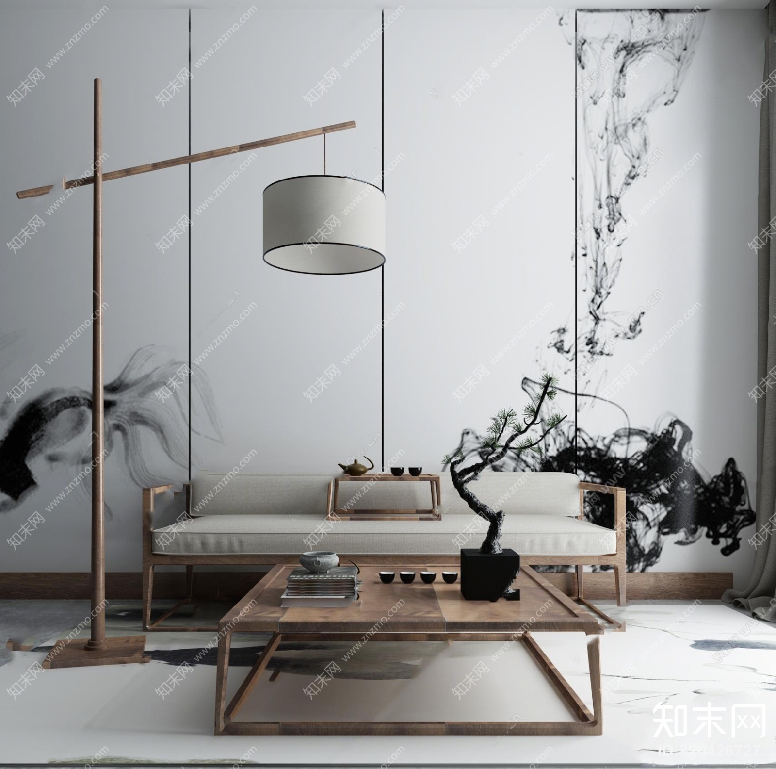 中式实木双人沙发茶几落地灯组合3D模型下载【ID:920426727】