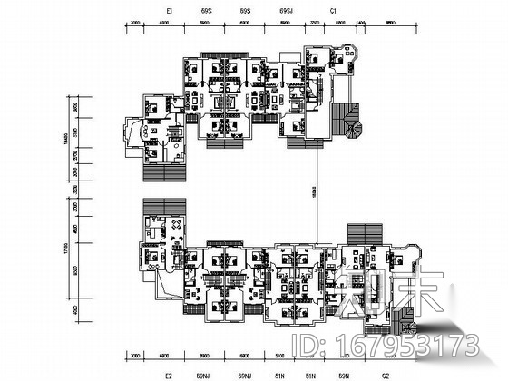 某三层联排别墅组合户型图施工图下载【ID:167953173】