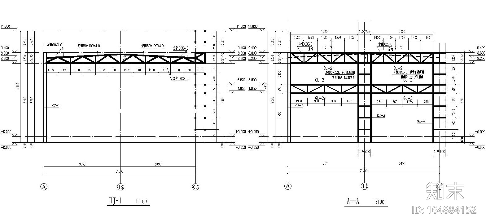 四川某售楼部钢结构桁架全套施工图（CAD）施工图下载【ID:164884152】