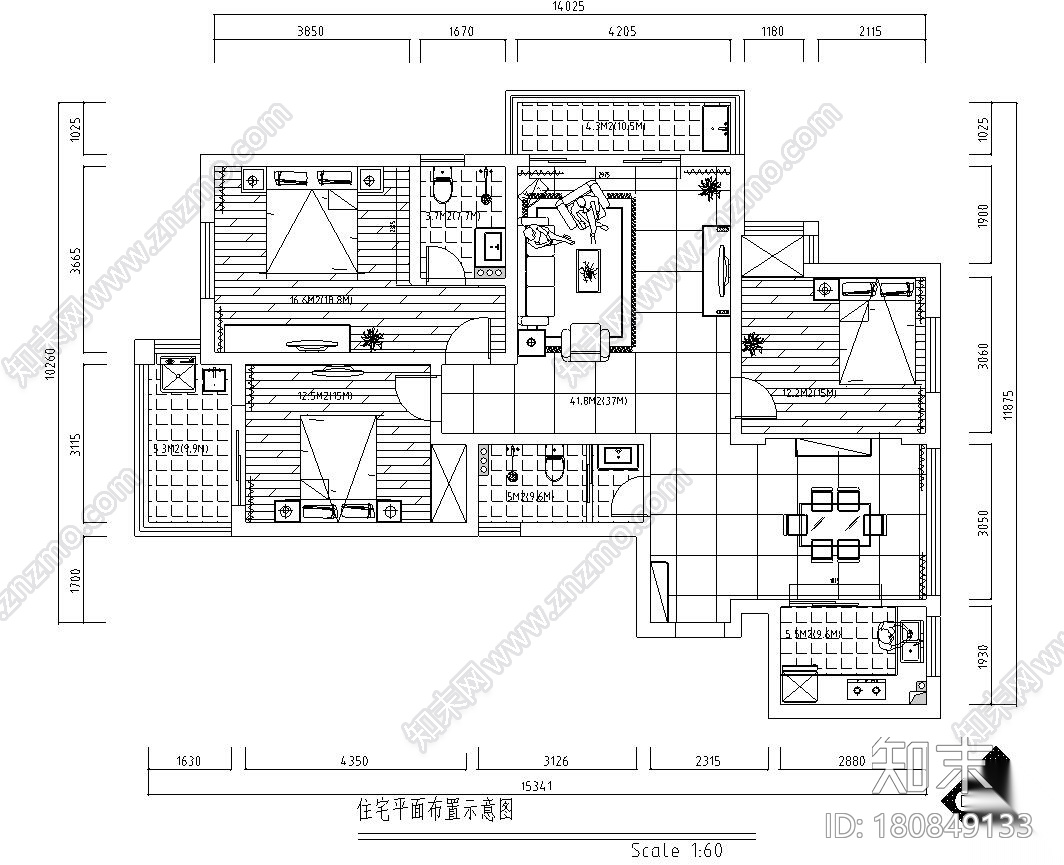 现代简欧混搭风二居室住宅装修施工图设计施工图下载【ID:180849133】