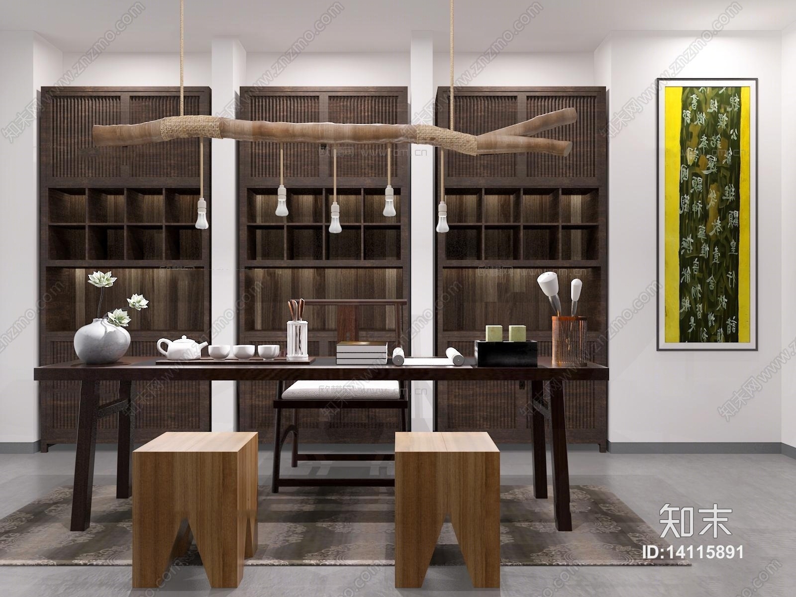 中式实木书桌椅吊灯挂画组合3D模型下载【ID:14115891】