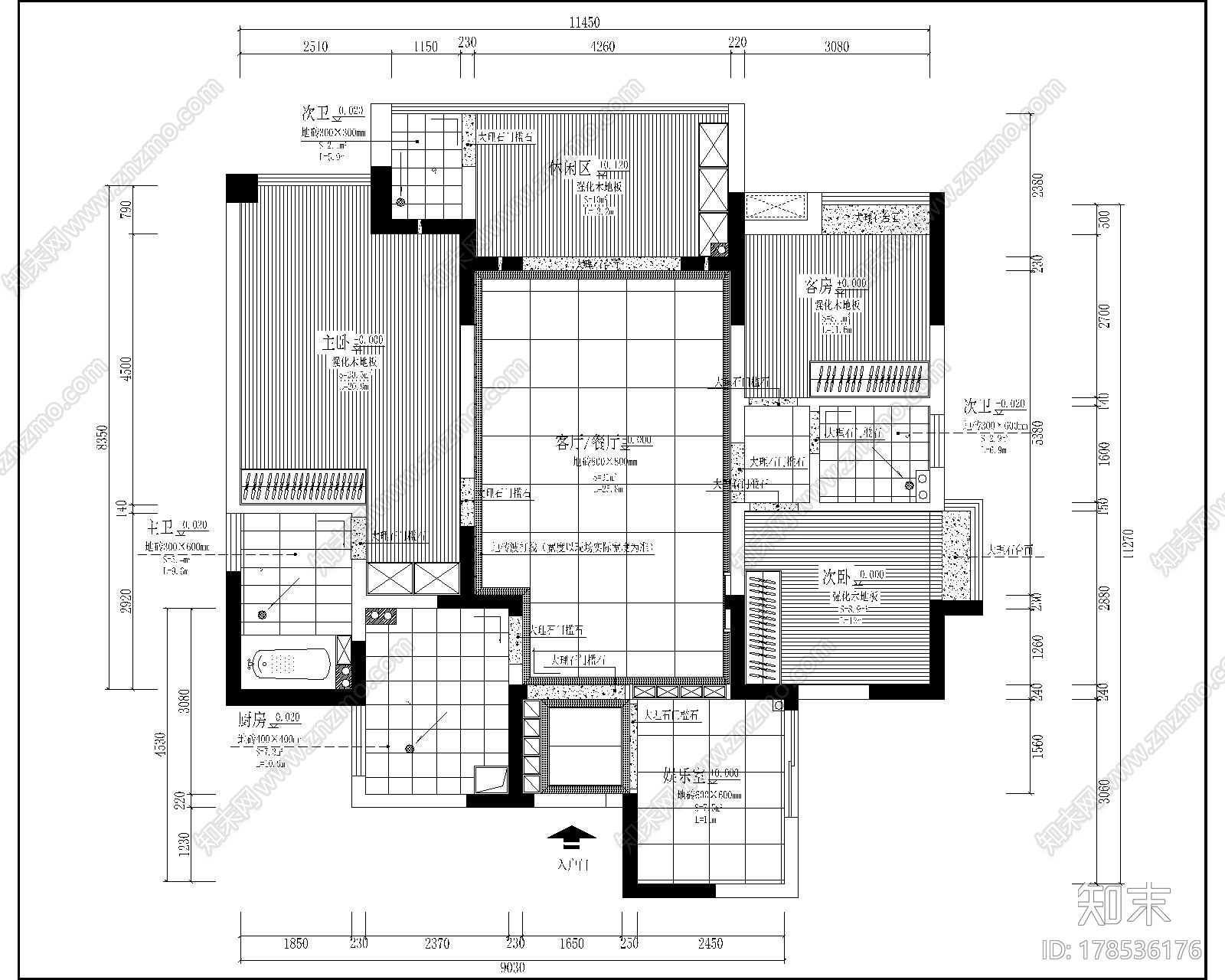 [上海]现代简约3居室室内设计施工图cad施工图下载【ID:178536176】