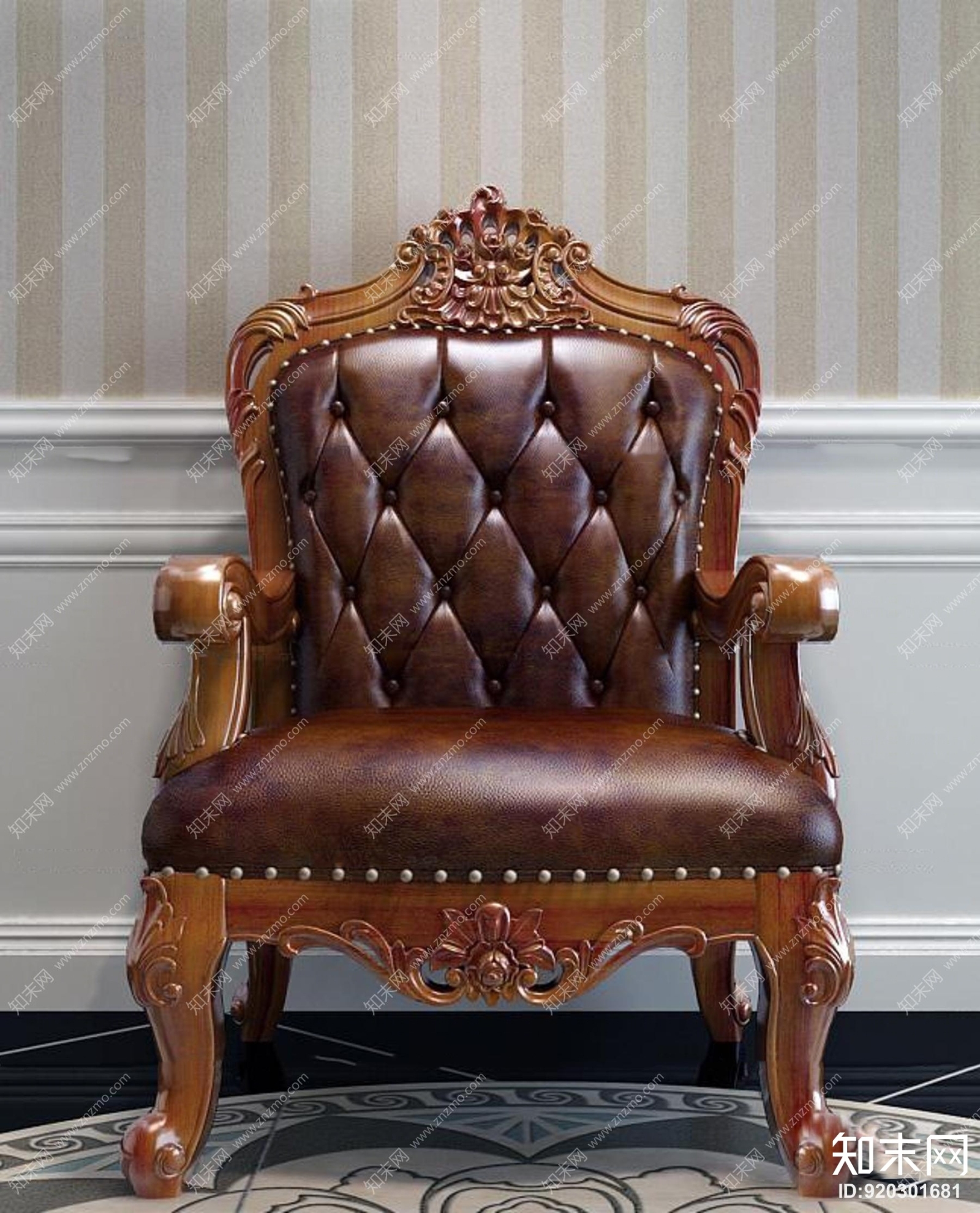 欧式实木雕花单人沙发3D模型下载【ID:920301681】