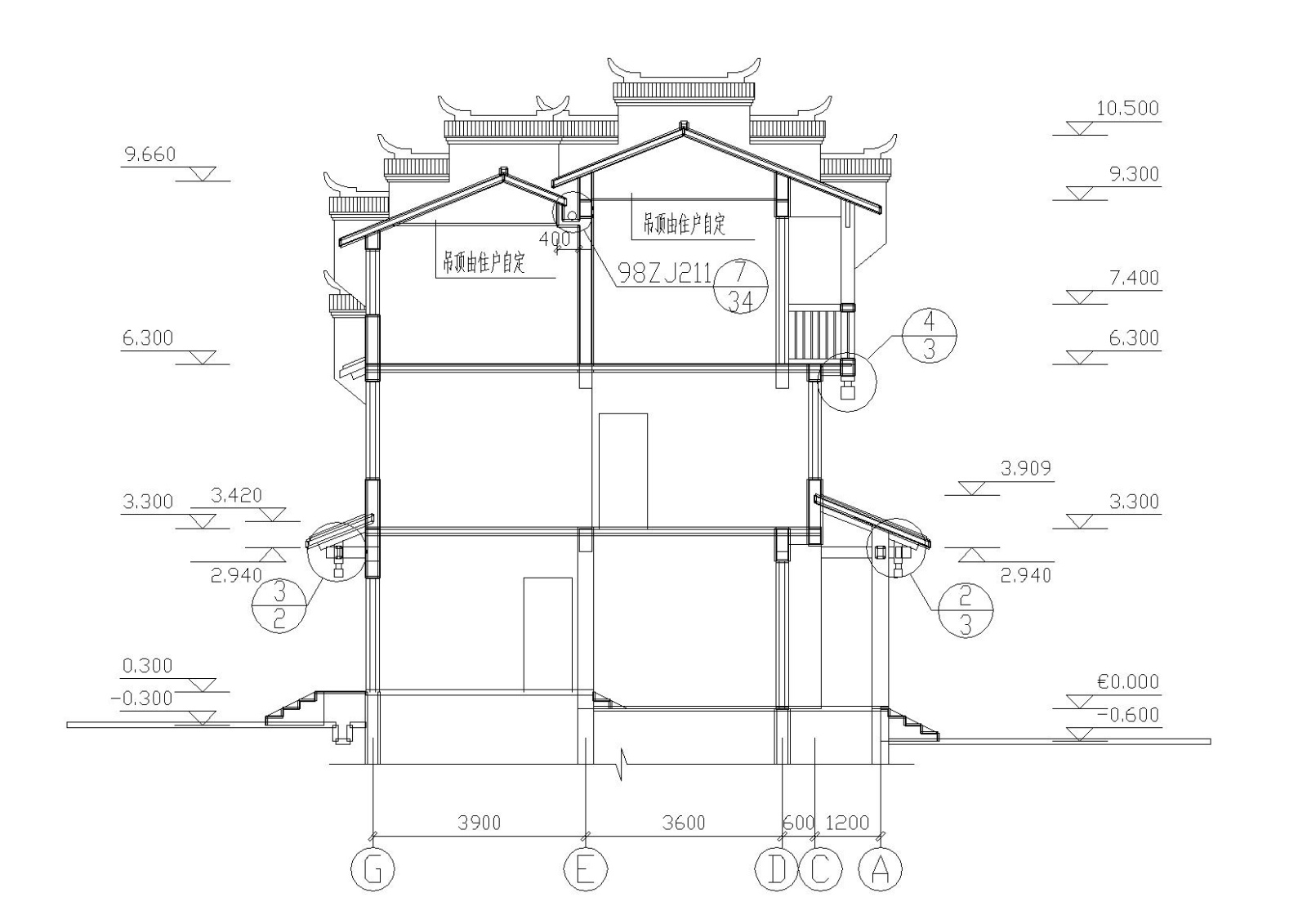 [湖南]湘西马头墙三层吊脚住宅楼建筑施工图施工图下载【ID:149889145】