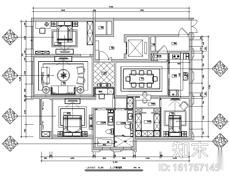 [内蒙古]低奢风格平层三居室样板房设计施工图（附效果图...cad施工图下载【ID:161767145】