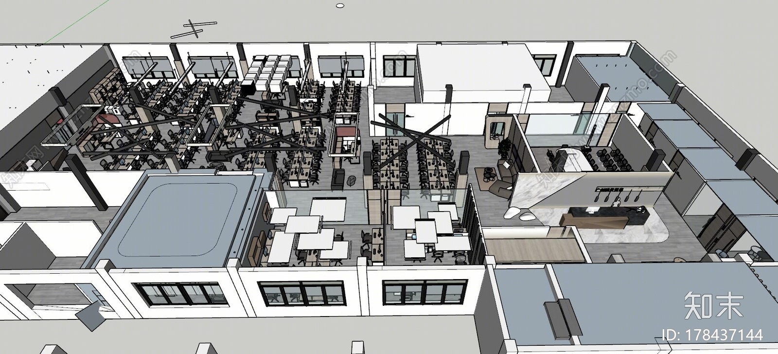 现代敞开式办公室SU模型下载【ID:178437144】