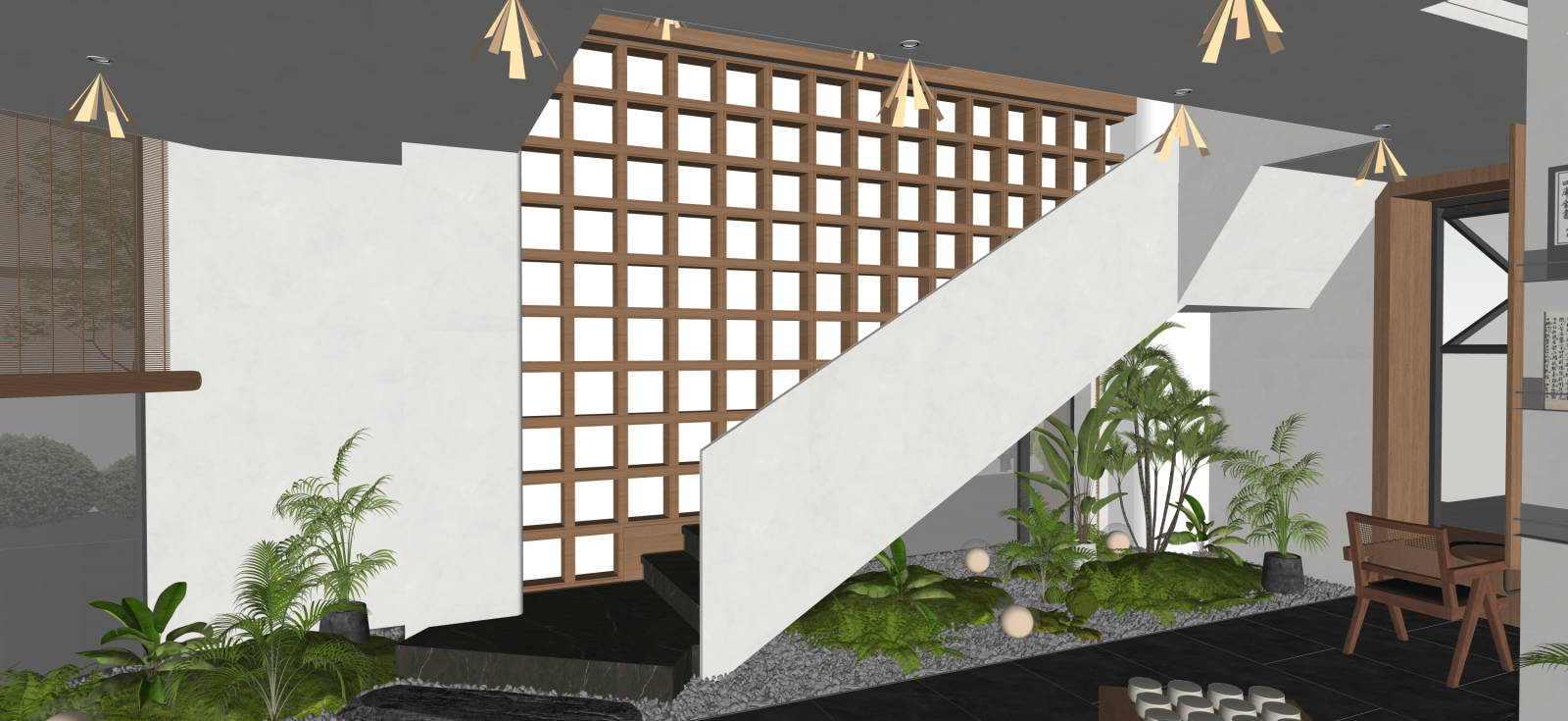 现代民宿大堂SU模型下载【ID:1222159957】