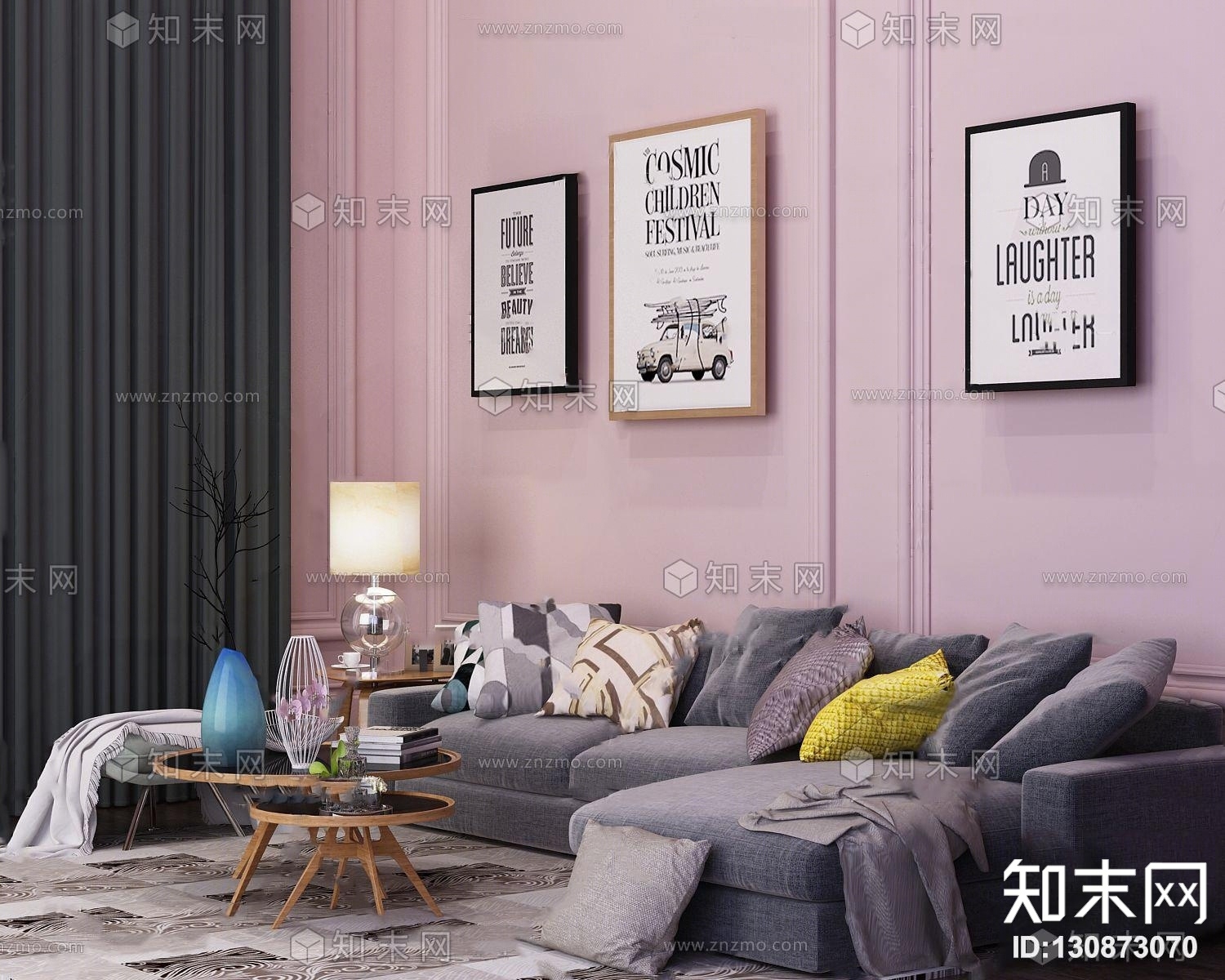 现代布艺沙发组合3D模型下载【ID:130873070】