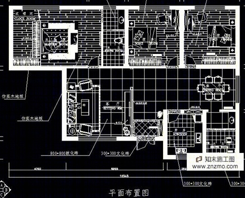 简洁三居施工图施工图下载【ID:36938262】