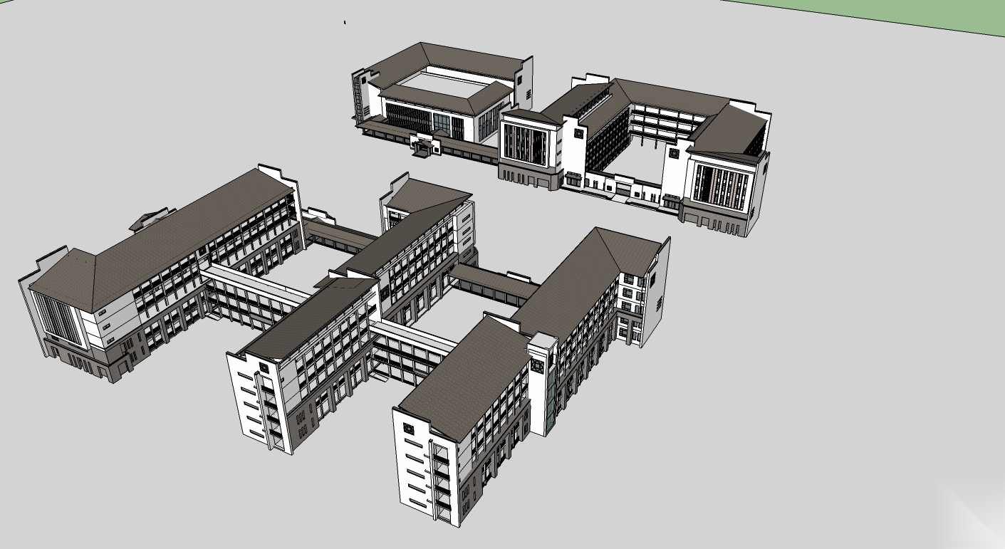 中式风格学校教学楼礼堂图书馆SU精模型cad施工图下载【ID:165144128】