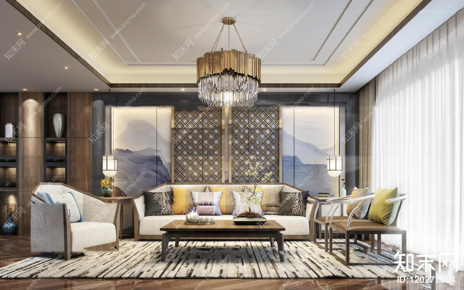 新中式沙发休闲椅吊灯茶几装饰品背景墙组合3D模型下载【ID:120272084】