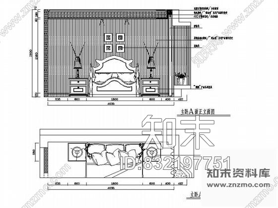 图块/节点田园风主卧室装修立面图cad施工图下载【ID:832197751】