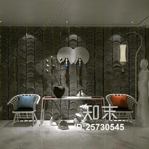 式实木单椅条案摆件落地灯瓦片墙组合3D模型下载【ID:25730545】