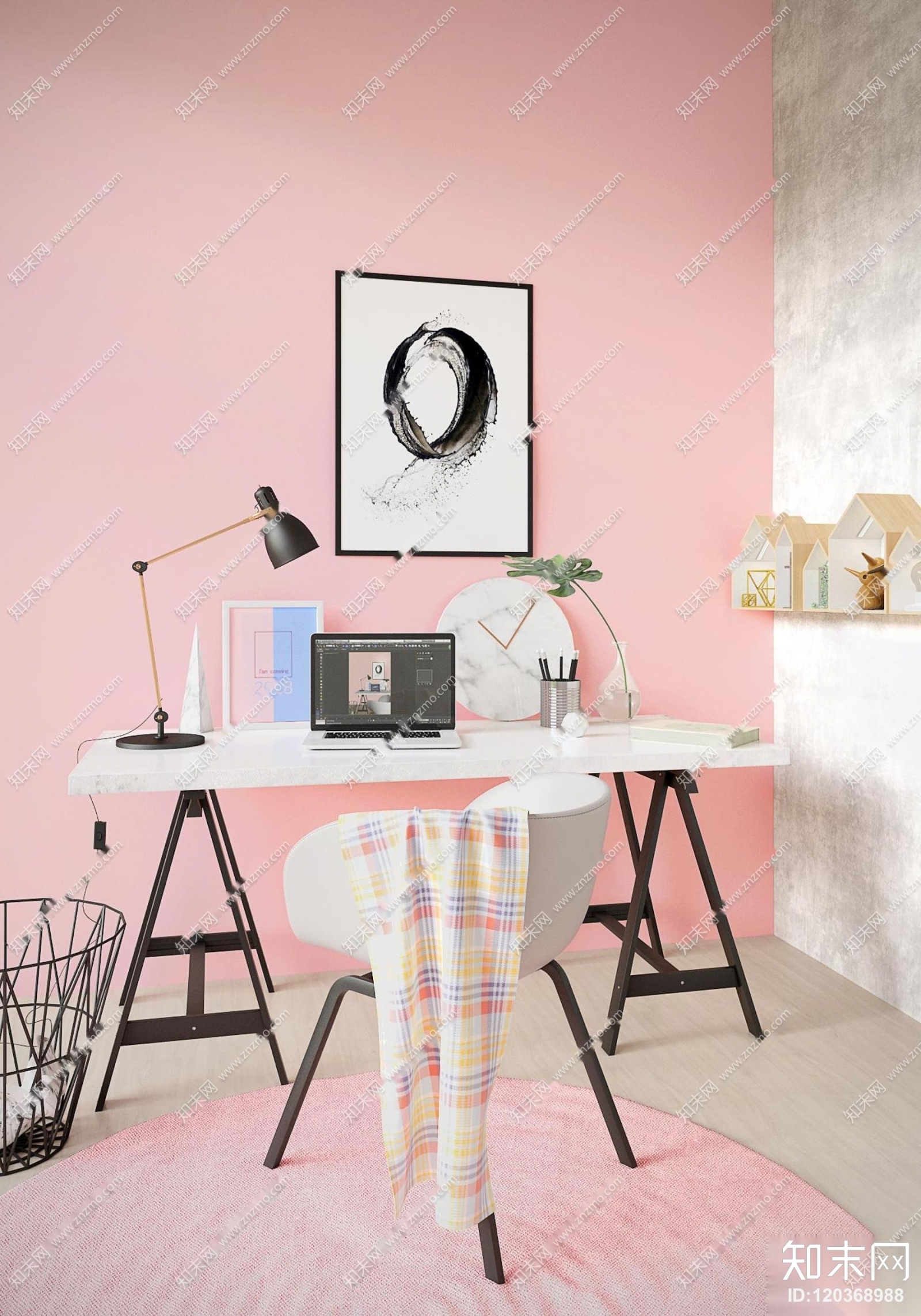 北欧书桌椅挂画台灯电脑摆件组合3D模型下载【ID:120368988】