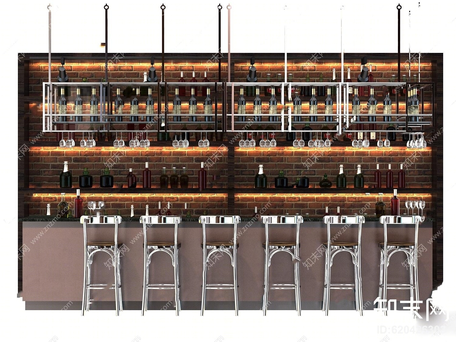 工业风吧台椅酒柜摆件组合3D模型下载【ID:620426303】