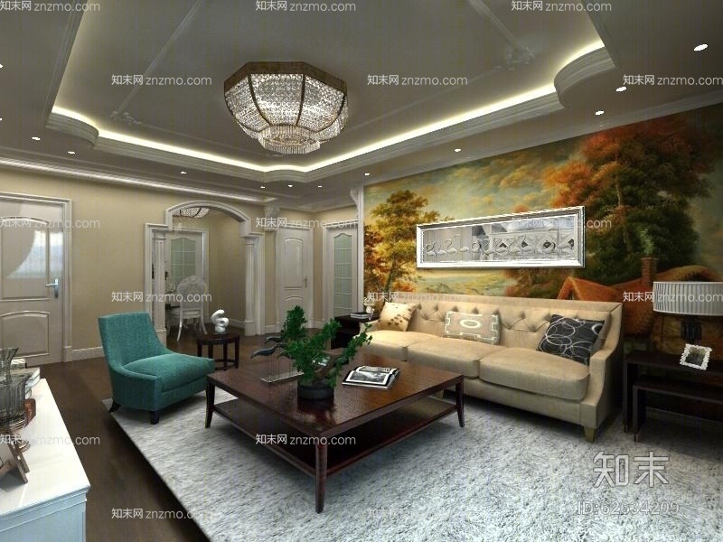 美式简约水晶吸顶灯3D模型下载【ID:62634209】