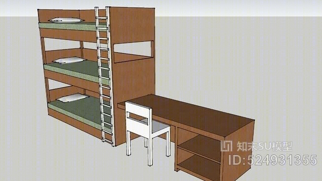 带书桌的三层床SU模型下载【ID:524931355】