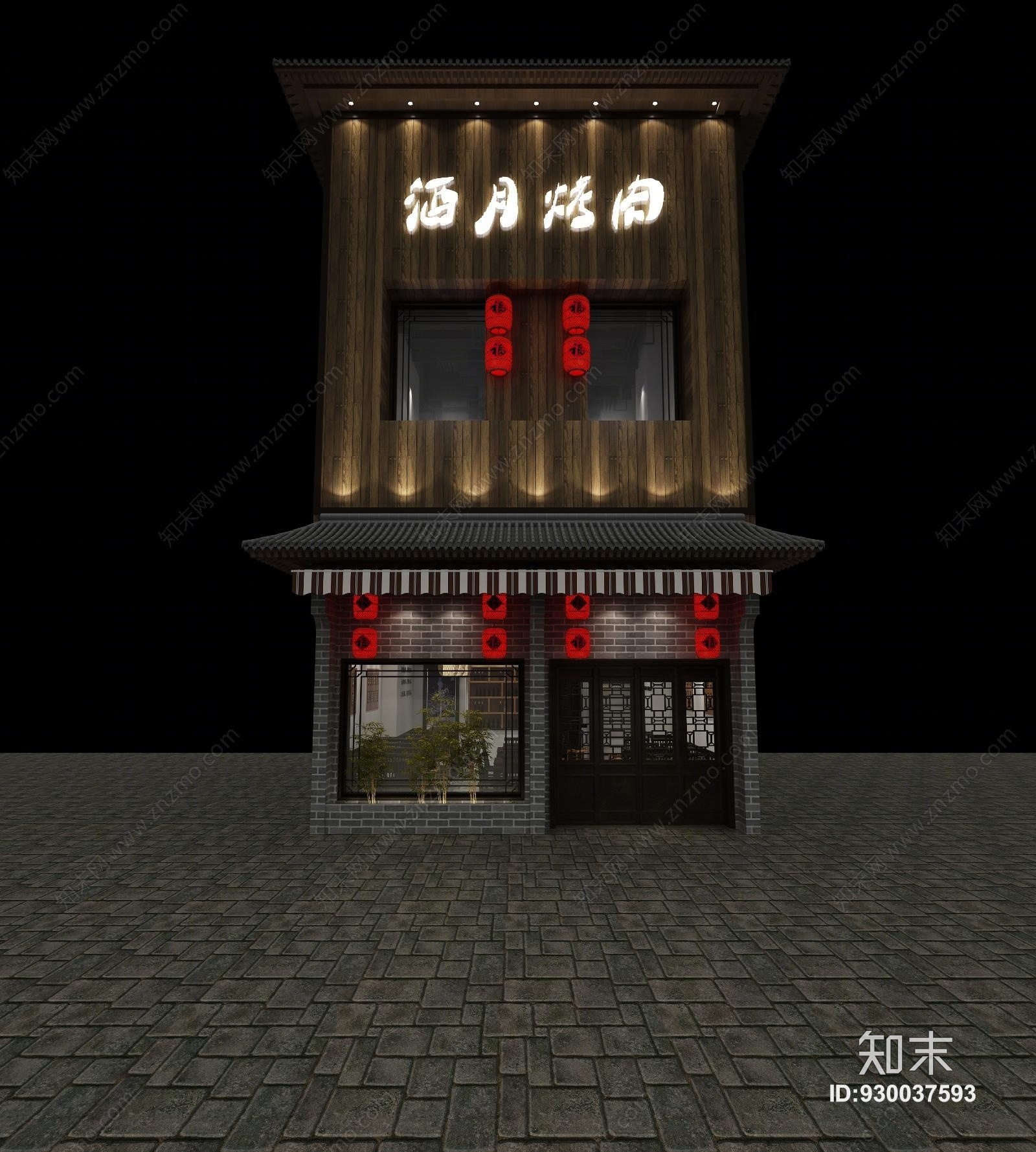 中式门头古建筑灯笼3D模型下载【ID:930037593】