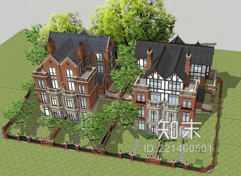 英式双拼别墅SU模型下载【ID:221460501】