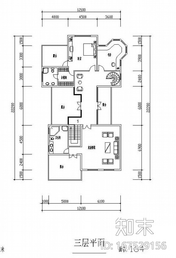 三层独栋别墅户型图(254/209/165)cad施工图下载【ID:167529156】