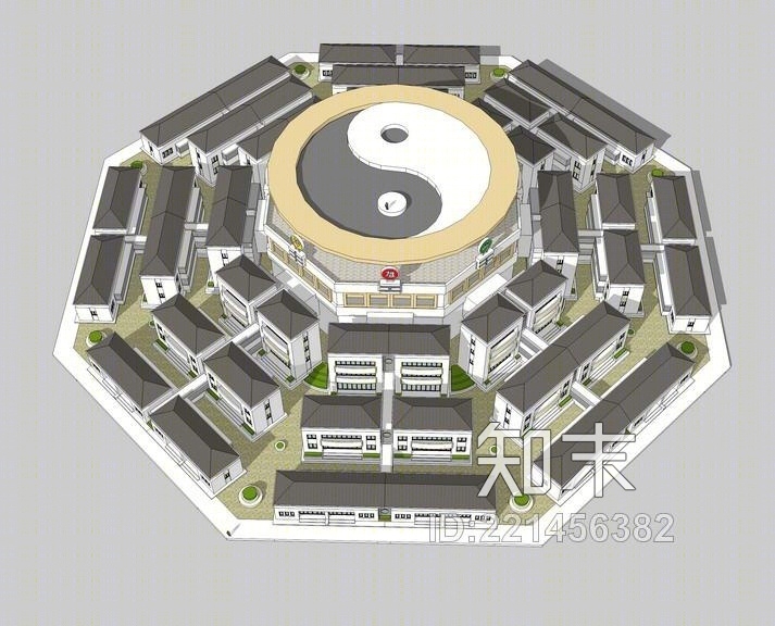 八卦中式别墅SU模型下载【ID:221456382】