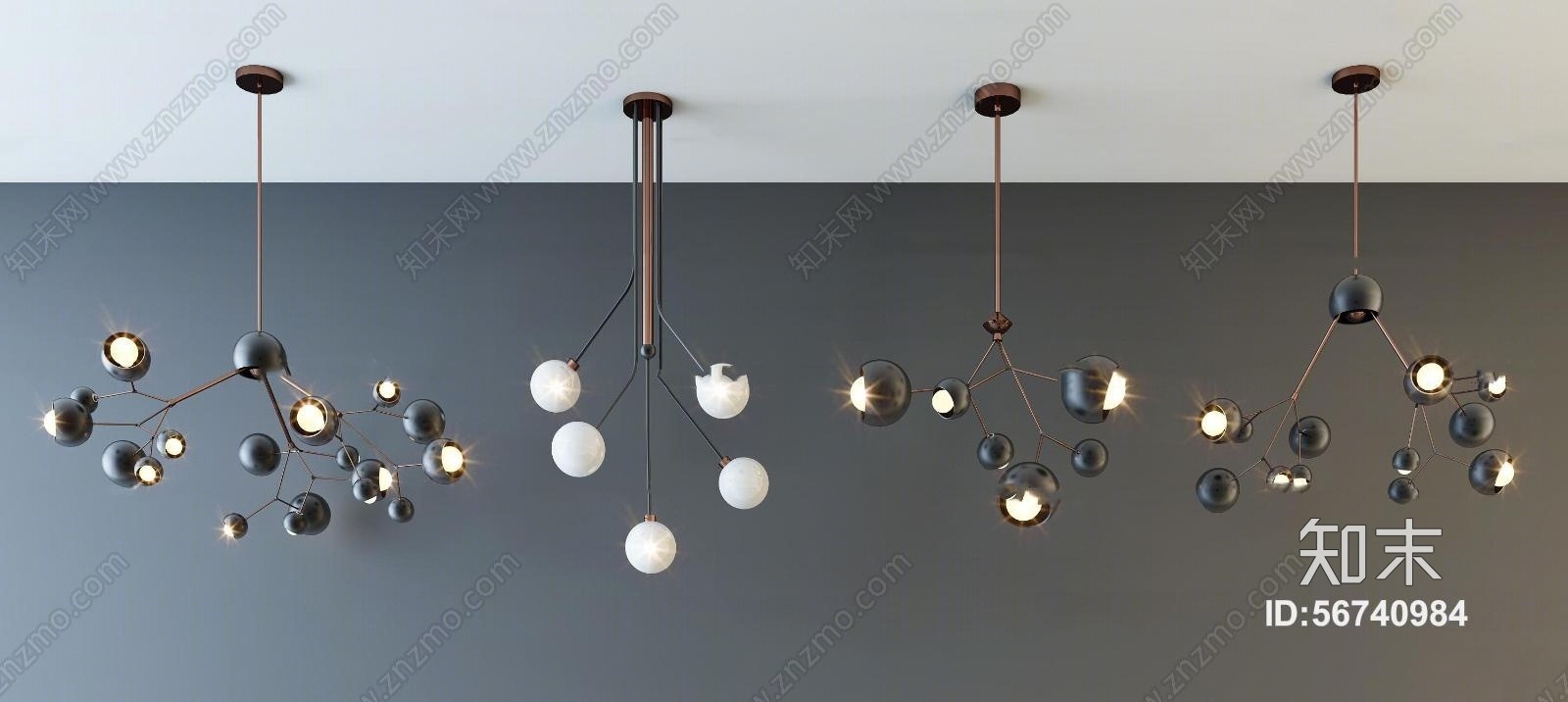 现代金属树枝球形吊灯组合3D模型下载【ID:56740984】
