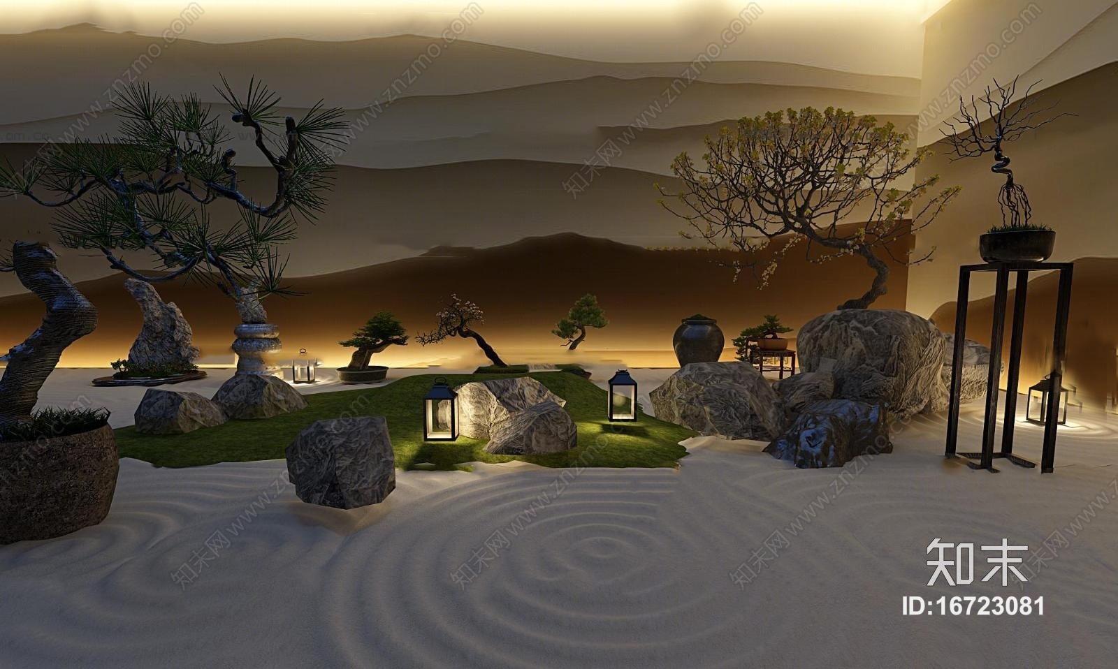 新中式假山盆景组合3D模型下载【ID:16723081】