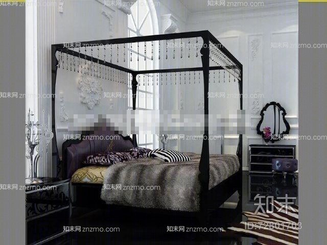 后现代黑色木艺双人床3D模型下载【ID:72801703】