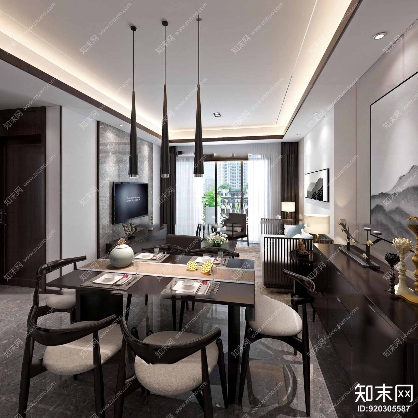 新中式复式楼客厅餐厅3D模型下载【ID:920305587】