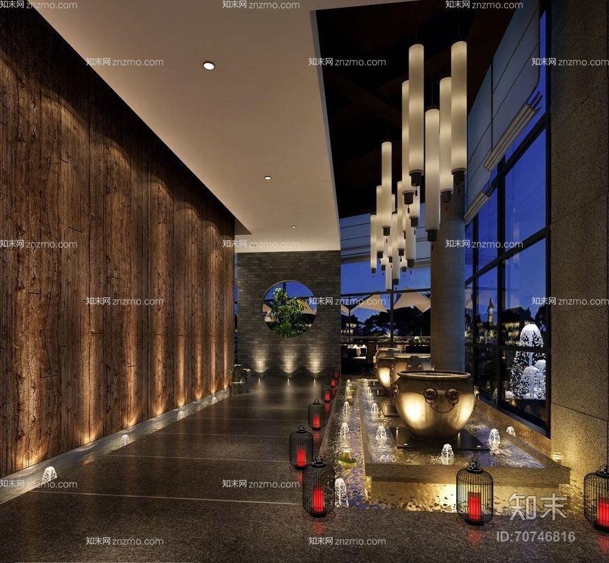 新中式黑色铁艺灯笼形地灯组合3D模型下载【ID:70746816】